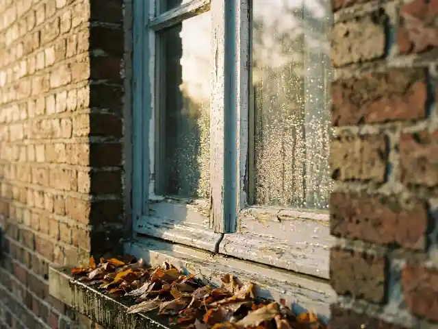 Ochtenddauw op een geschilderd houten raamkader